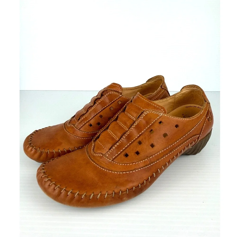 Pikolinos Tan Leather Whipstitch‎ Loafers Womens EU 40 Gran Via Slip On Shoes